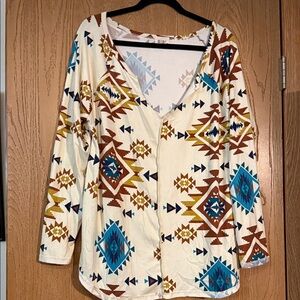 BiBi Aztec Print Blouse - Cream, Brown, Blue, Yellow